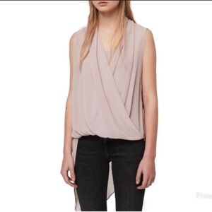 Allsaints Women’s 4 Abi Top Blouse Sleeveless Draped Asymmetrical Hem Pink Shirt
